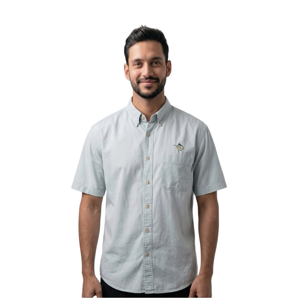 🎣 Woolrich Men’s‎ XL Fishing Shirt | Short Sleeve Button-Down | Blue Marlin Hit